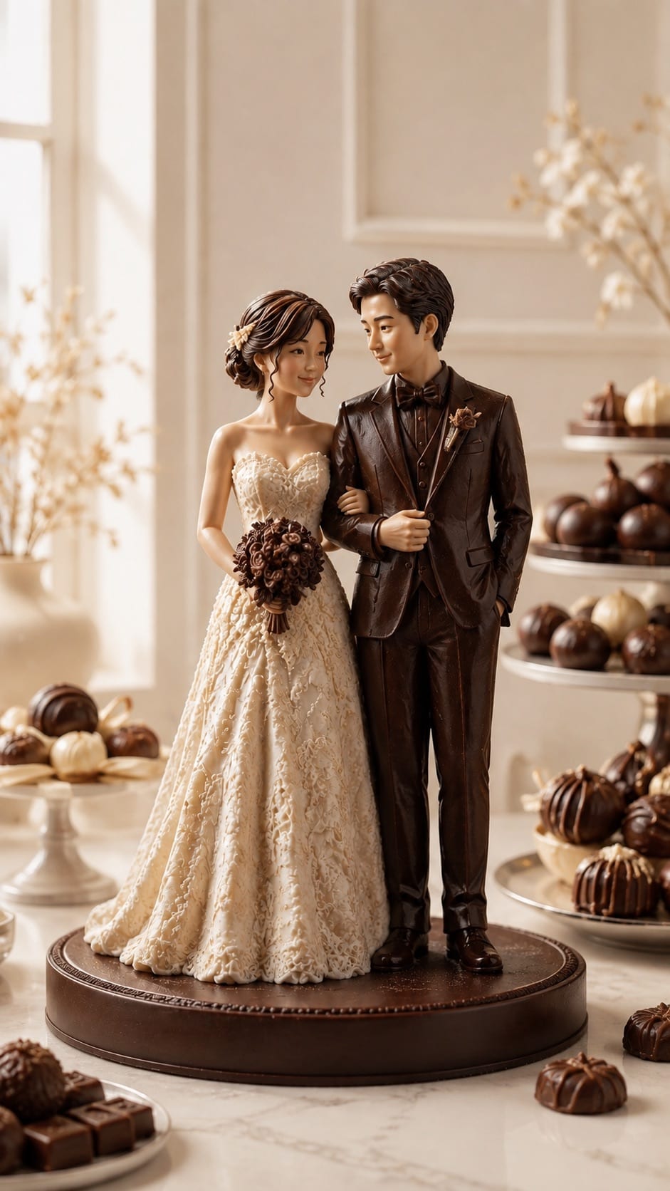 A 40 cm sculpted pair, outfits painted from the engagement shoot
