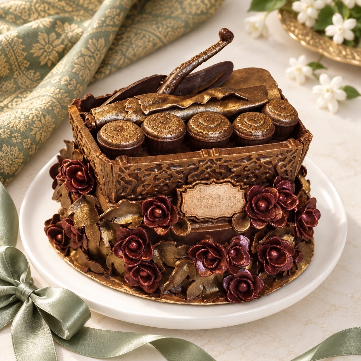 A chocolate tepak sireh for a Malay hantaran, with gold filigree walls, lidded chocolate cembul, sirih leaves and a kacip across the top, ringed with maroon and gold chocolate roses